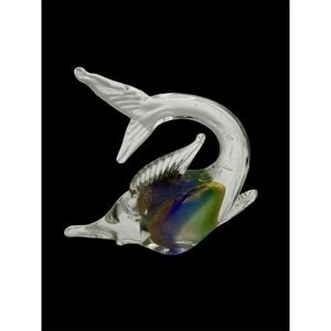 Murano Sommerso Art Glass Fish Figurine Gold Fleck Aventurine Blue Green 5.25in